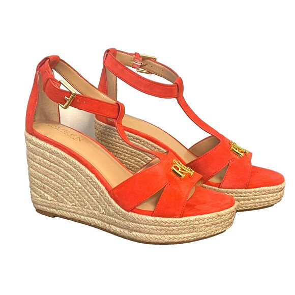 NIB LRL RALPH LAUREN Women's 7.5B HALE Red Suede Wedge Heels Sandals Gold Buckle - Picture 1 of 12